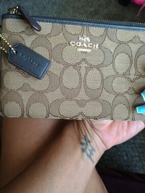 Coach Khaki/Brown Signature Zip Pouch with Gold Logo